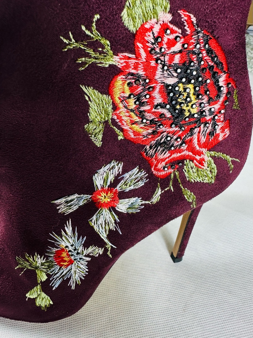 bebe Burgundy Floral Embroidered Pointed-Toe Ankle Booties - Picture 3 of 15